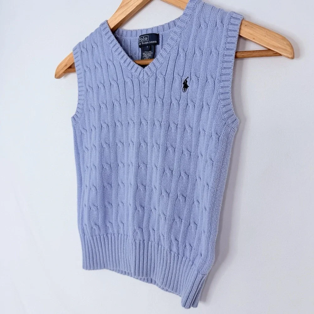 RALPH LAUREN POLO BOYS LIGHT BLUE CABLE KNIT SWEATER VEST SIZE 7